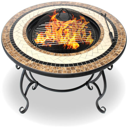 Centurion Supports TOPANGA High-End Round Multi-Functional Garden and Patio Heater, Fire Pit, Coffee Table, BBQ and Ice Bucket with Ceramic Tiles and Cover