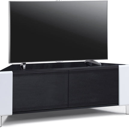 MDA Designs CORVUS Corner-Friendly Gloss Black Contemporary Cabinet with White Profiles Black BeamThru Glass Doors Suitable for Flat Screen TVs up to 50"