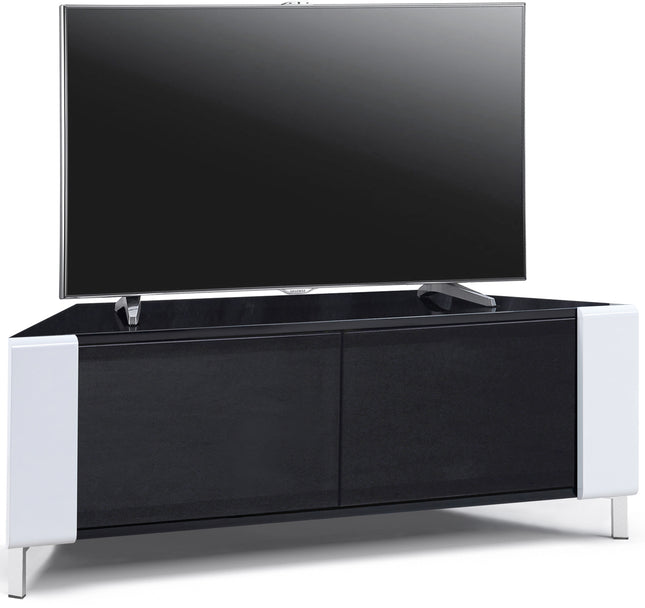 MDA Designs CORVUS Corner-Friendly Gloss Black Contemporary Cabinet with White Profiles Black BeamThru Glass Doors Suitable for Flat Screen TVs up to 50"