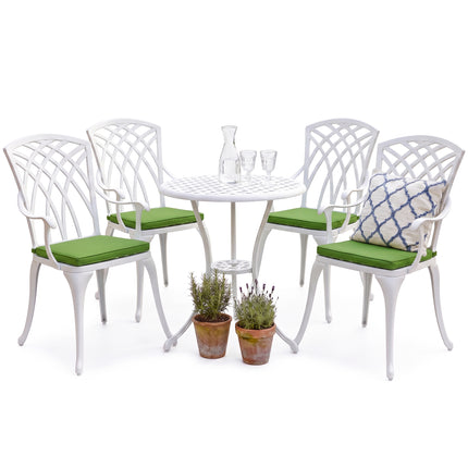 Centurion Supports OSHOWA Luxurious Garden and Patio Table and 4 Large Chairs with Armrests Cast Aluminium Bistro Set - White with Green Cushions