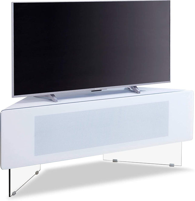 MDA Designs Antares HYBRID White Corner-Friendly with Clear Acrylic Legs Hover Effect & Remote-Friendly Glass Door TV Cabinet