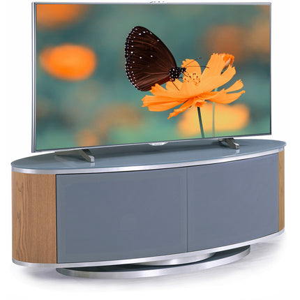 MDA Designs LUNA Grey Oval Cabinet with Oak Profiles & Grey BeamThru Glass Doors Suitable for Flat Screen TVs up to 50"