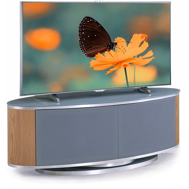 MDA Designs LUNA Grey Oval Cabinet with Oak Profiles & Grey BeamThru Glass Doors Suitable for Flat Screen TVs up to 50"