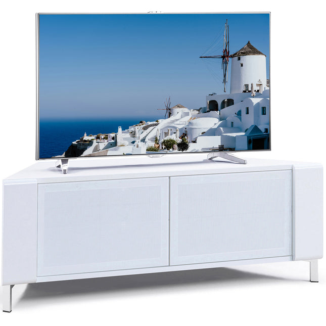 MDA Designs CORVUS Corner-Friendly Gloss White Contemporary Cabinet with White Profiles White BeamThru Glass Doors Suitable for Flat Screen TVs up to 50" - Grade A