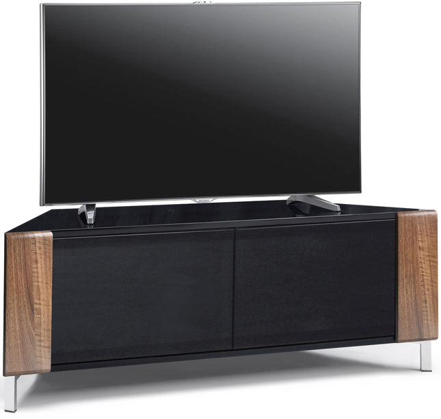 MDA Designs CORVUS Corner-Friendly Gloss Black Contemporary Cabinet with Walnut Profiles Black BeamThru Glass Doors Suitable for Flat Screen TVs up to 50"