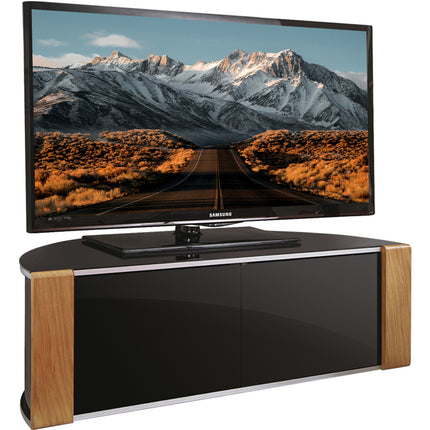 MDA Designs Sirius 1200 Remote Friendly Beam Thru Glass Door Walnut/Oak High Gloss Piano Black with Silver Trim up to 55" LCD/Plasma/LED Cabinet TV Stand - Grade A