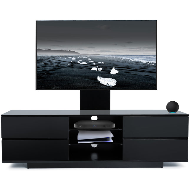 Homeology Avitus Gloss Black with 4-Black Drawers and 3-Shelves up to 65" LED/LCD/Plasma TV Stand with Mounting Arm