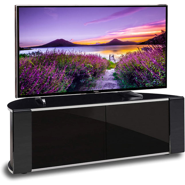 MDA Designs Sirius 1200 Gloss Piano Black Cabinet with Remote Friendly Beam Thru Glass Doors & Silver Trim up to 55" LCD/Plasma/LED TV Stand - Grade A