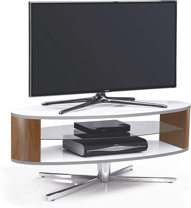 MDA Designs Orbit 1100WWA Gloss White TV Stand with Walnut Elliptic Sides for Flat Screen TVs up to 55"