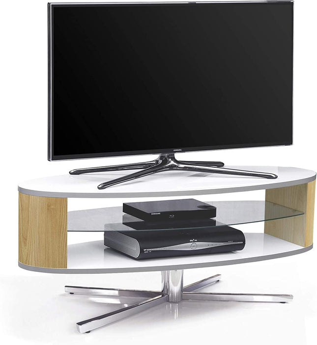 MDA Designs Orbit 1100WO Gloss White TV Stand with Oak Elliptic Sides for Flat Screen TVs up to 55"