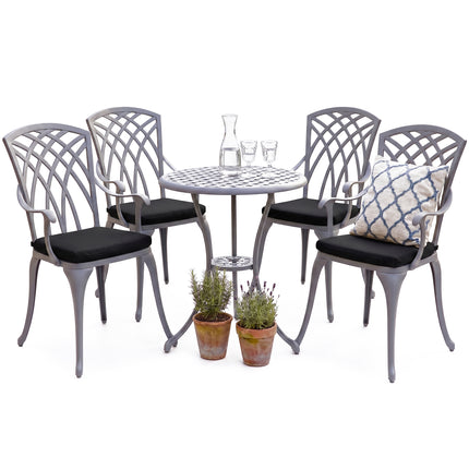 Centurion Supports OSHOWA Luxurious Garden and Patio Table and 4 Large Chairs with Armrests Cast Aluminium Bistro Set - Grey with Black Cushions
