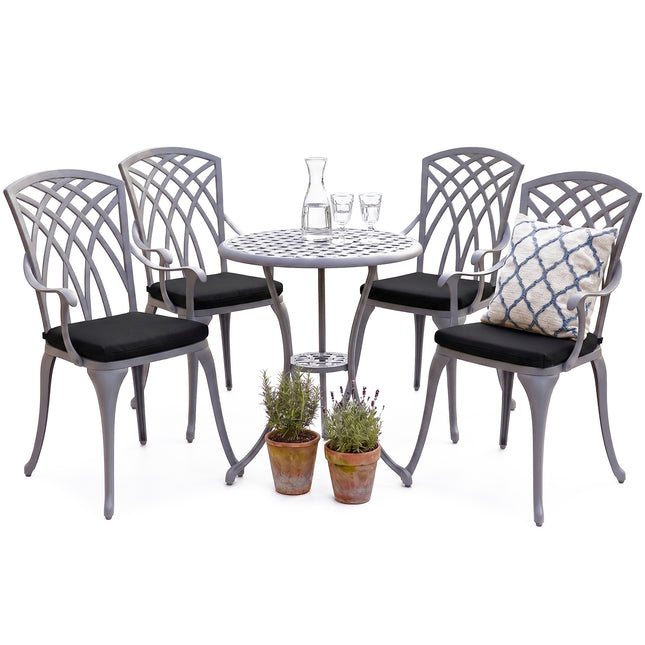 Centurion Supports OSHOWA Luxurious Garden and Patio Table and 4 Large Chairs with Armrests Cast Aluminium Bistro Set - Grey with Black Cushions