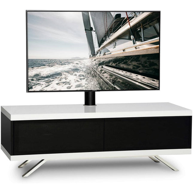 MDA Designs TUCANA 1200 Hybrid Black White TV Stand BeamThru Remote-Friendly Doors up to 60" Flat Screen TV Cabinet with Mounting Arm