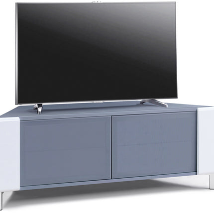 MDA Designs CORVUS Corner-Friendly Grey BeamThru Glass Doors with White Profiles Contemporary Cabinet for Flat Screen TVs up to 50"