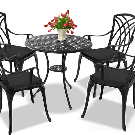 Centurion Supports OSHOWA Garden and Patio Table and 4 Large Chairs with Armrests Cast Aluminium Bistro Set - Black Cushions