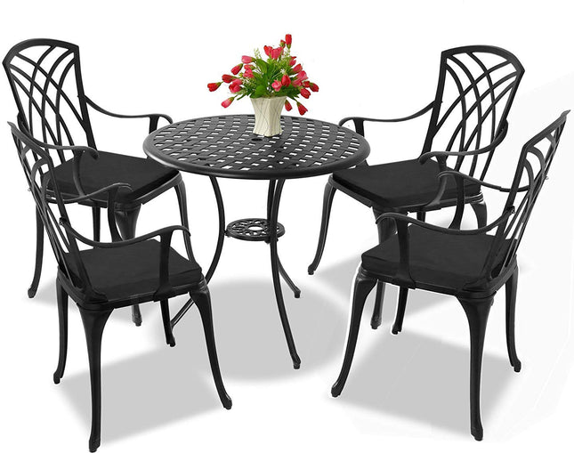 Centurion Supports OSHOWA Garden and Patio Table and 4 Large Chairs with Armrests Cast Aluminium Bistro Set - Black Cushions