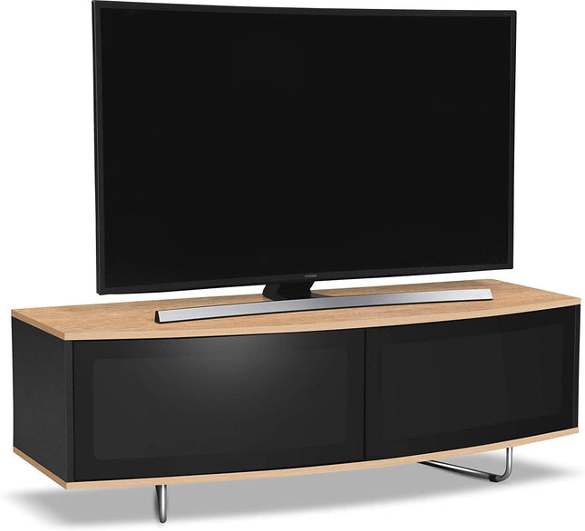Centurion Supports Caru Gloss Black and Oak Beam-Thru Remote Friendly Super-Contemporary "D" Shape Design 32"-65" LED/OLED/LCD TV Cabinet - Grade A