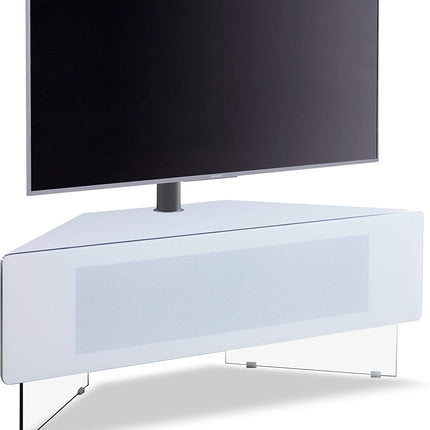 MDA Designs Antares HYBRID White Corner-Friendly with Clear Acrylic Legs Hover Effect & Remote-Friendly Glass Door TV Cabinet with Mounting Bracket