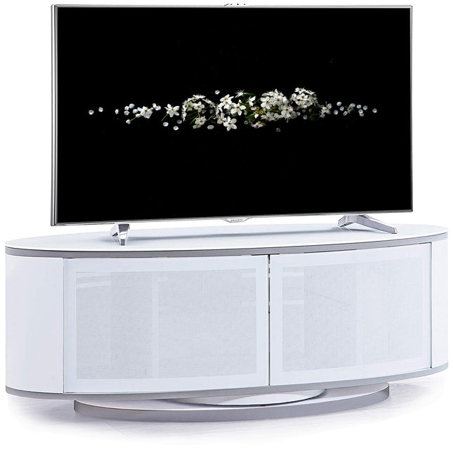 MDA Designs LUNA Gloss White Oval Cabinet with White Profiles White BeamThru Glass Doors Suitable for Flat Screen TVs up to 50"