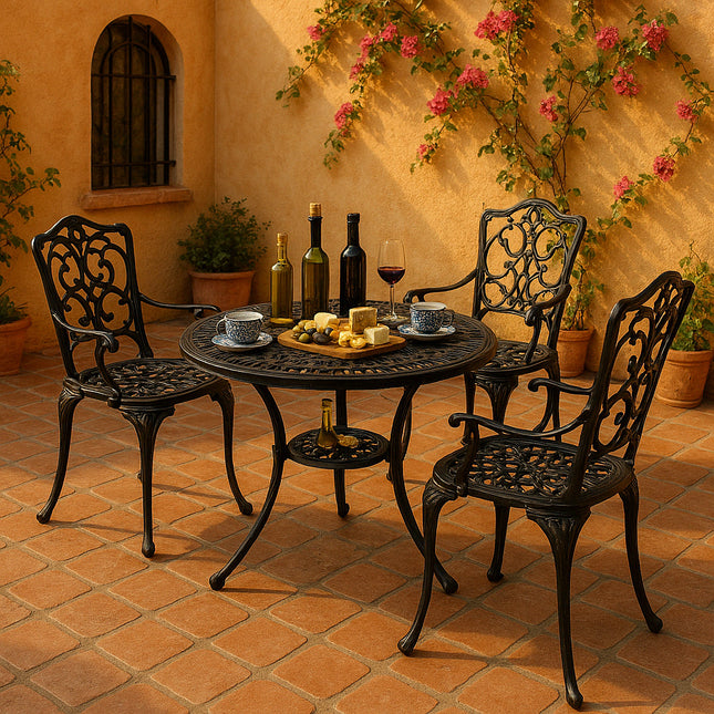 Centurion Supports TABREEZ Opulent Garden and Patio Table and 4 Large Chairs with Armrests Cast Aluminium Bistro Set - Black