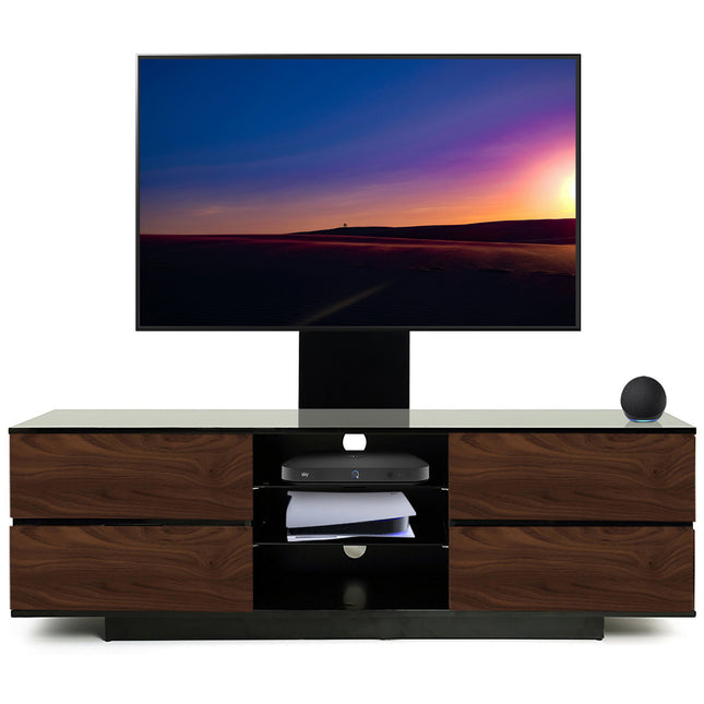 Homeology Avitus Gloss Black with 4-Walnut Drawers and 3-Shelves up to 65" LED/LCD/Plasma TV Stand with Mounting Arm