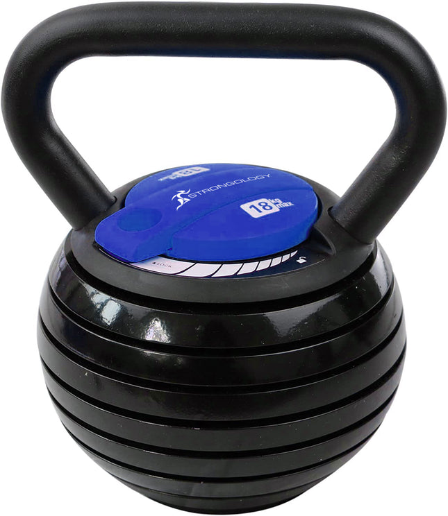 Strongology Hercules18 7-in-1 Adjustable Smart Kettlebell up to 18kg Black with Blue Dial Home Fitness Gym Equipment - Grade A