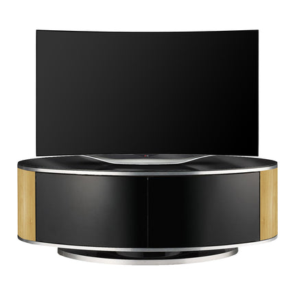 MDA Designs LUNA Beam Thru Remote Friendly up to 50" LCD/ OLED/ LED Gloss Black with Oak Sides Luxury Oval TV Cabinet