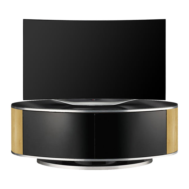 MDA Designs LUNA Beam Thru Remote Friendly up to 50" LCD/ OLED/ LED Gloss Black with Oak Sides Luxury Oval TV Cabinet