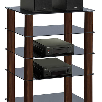 Centurion Supports TRINITY Gloss Black 5 Shelf with Walnut Legs Flat Screen TV Rack Glass Stand