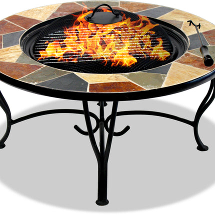 Centurion Supports Fireology SANTIAGO Prestigious Garden and Patio Fire Pit, Brazier, Coffee Table, Barbecue and Ice Bucket with Slate Tiles