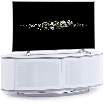 MDA Designs LUNA Gloss White Oval Cabinet with White Profiles White BeamThru Glass Doors Suitable for Flat Screen TVs up to 50" - Grade A