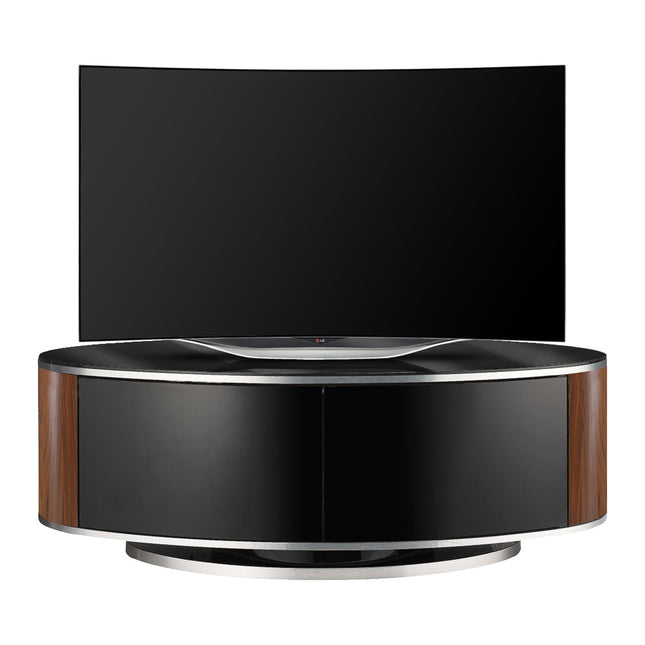 MDA Designs LUNA Beam Thru Remote Friendly up to 50" LCD/ OLED/ LED Gloss Black with Walnut Sides Luxury Oval TV Cabinet