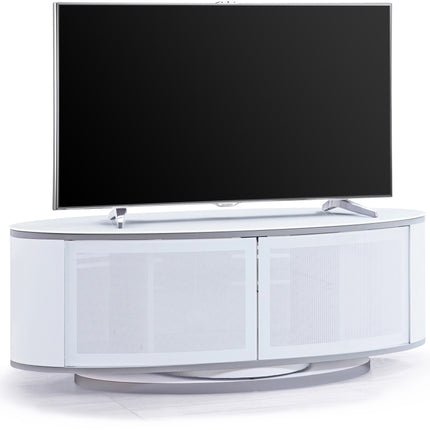 MDA Designs LUNA Gloss White Oval Cabinet with White Profiles White BeamThru Glass Doors Suitable for Flat Screen TVs up to 50"