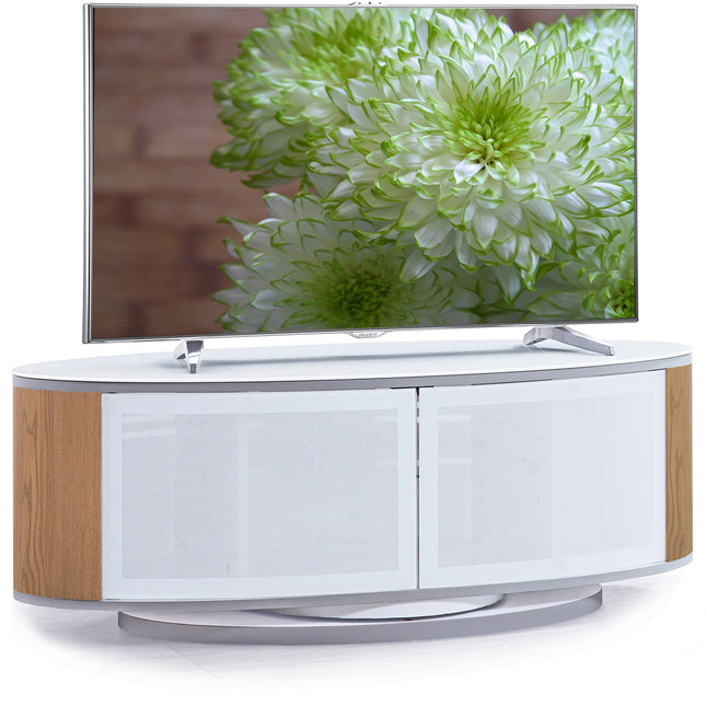 MDA Designs LUNA Gloss White Oval Cabinet with Oak Profiles White BeamThru Glass Doors Suitable for Flat Screen TVs up to 50"