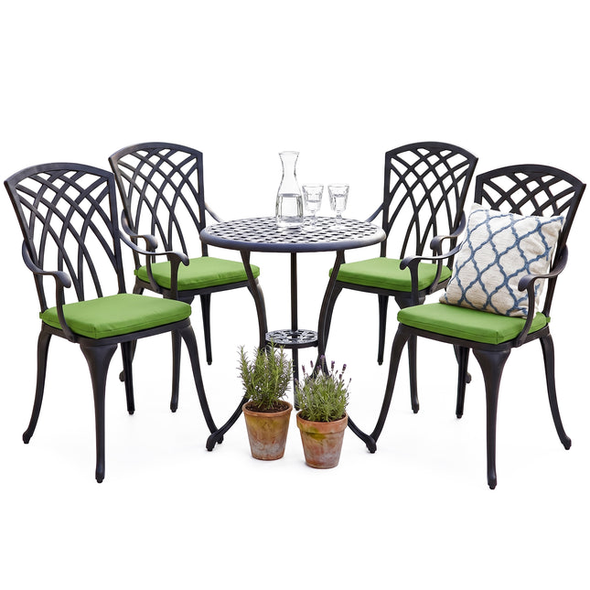 Centurion Supports OSHOWA Garden and Patio Table and 4 Large Chairs with Armrests Cast Aluminium Bistro Set - Green cushions