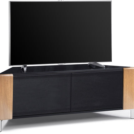 MDA Designs CORVUS Corner-Friendly Gloss Black Contemporary Cabinet with Oak Profiles Black BeamThru Glass Doors Suitable for Flat Screen TVs up to 50"