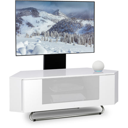 Centurion Supports Hampshire Corner-Friendly Gloss White with White Beam-Thru Remote Friendly Door 26"-50" Flat Screen TV Cabinet with Mounting Arm