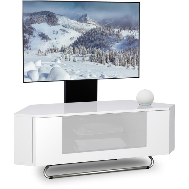 Centurion Supports Hampshire Corner-Friendly Gloss White with White Beam-Thru Remote Friendly Door 26"-50" Flat Screen TV Cabinet with Mounting Arm