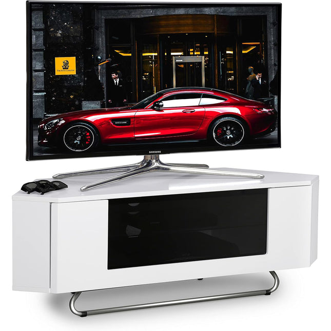 Centurion Supports Hampshire Corner-Friendly Gloss White with Black Contrast Beam-Thru Remote Friendly Door 26"-50" Flat Screen TV Cabinet