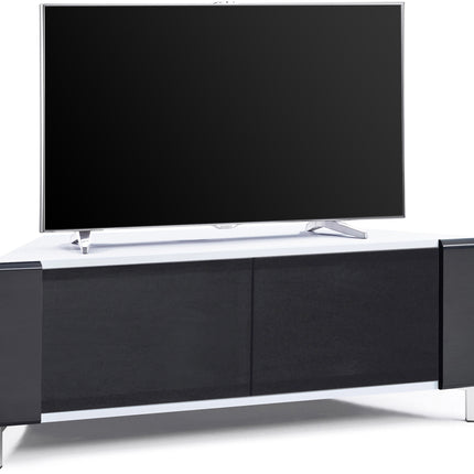 MDA Designs CORVUS Corner-Friendly Gloss White Contemporary Cabinet with Black Profiles Black BeamThru Glass Doors Suitable for Flat Screen TVs up to 50"