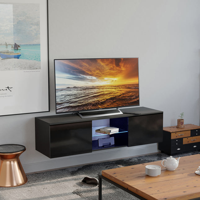 MDA Designs Ara Gloss Black Floating Modern TV Cabinet for Flat TV Screens of up to 65" Wall-Mounted Entertainment Unit with Built-in Blue LED Lights
