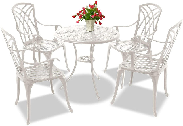 Centurion Supports OSHOWA Luxurious Garden and Patio Table and 4 Large Chairs with Armrests Cast Aluminium Bistro Set - White