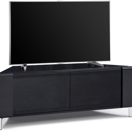 MDA Designs CORVUS Corner-Friendly Gloss Black Contemporary Cabinet with Black Profiles Black BeamThru Glass Doors Suitable for Flat Screen TVs up to 50"