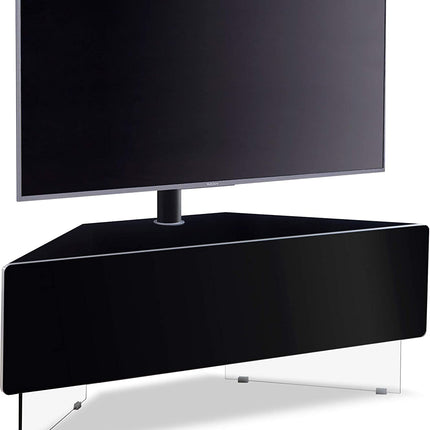 MDA Designs Antares HYBRID Black Corner-Friendly with Clear Acrylic Legs Hover Effect & Remote-Friendly Glass Door TV Cabinet with Mounting Bracket