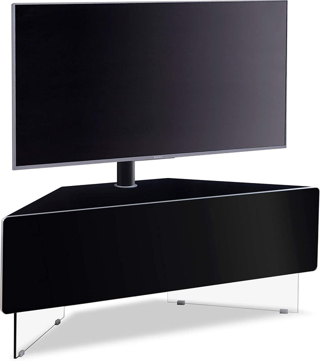 MDA Designs Antares HYBRID Black Corner-Friendly with Clear Acrylic Legs Hover Effect & Remote-Friendly Glass Door TV Cabinet with Mounting Bracket