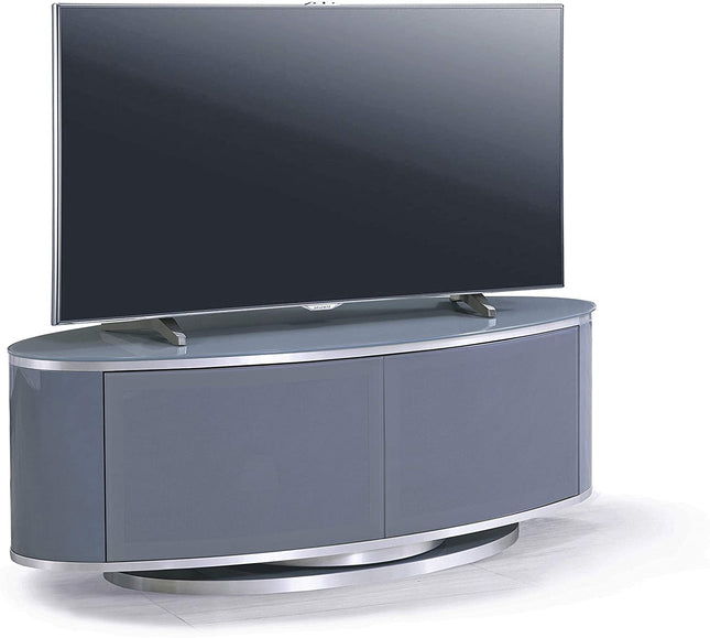 MDA Designs LUNA Grey Oval Cabinet with Grey Profiles & Grey BeamThru Glass Doors Suitable for Flat Screen TVs up to 50"