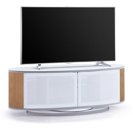 MDA Designs LUNA Gloss White Oval Cabinet with Oak Profiles White BeamThru Glass Doors Suitable for Flat Screen TVs up to 50"