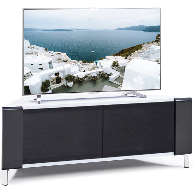 MDA Designs CORVUS Corner-Friendly Gloss White Cabinet with Black Profiles Black BeamThru Glass Doors for Flat Screen TVs up to 50" - Grade A