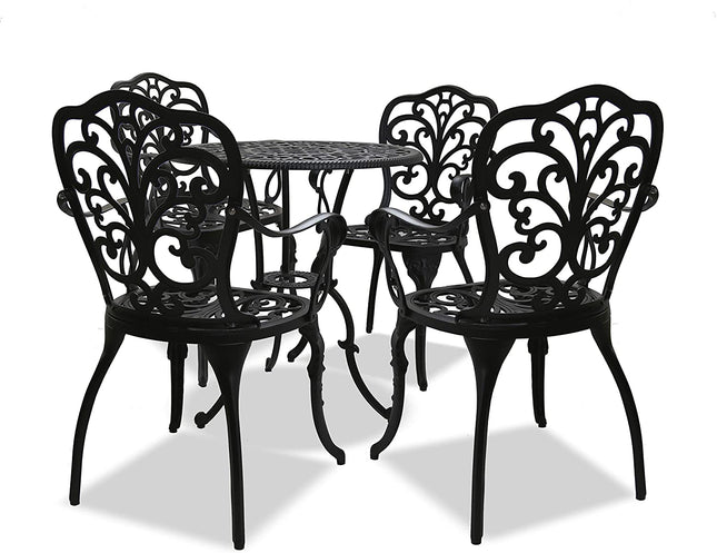 Centurion Supports BANGUI Black Luxurious Garden and Patio Table and 4 Large Chairs with Armrests Cast Aluminium Bistro Set