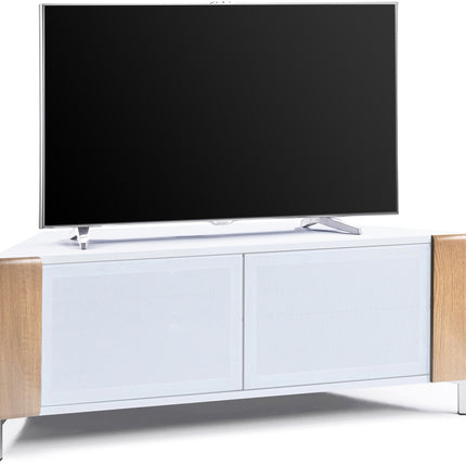 MDA Designs CORVUS Corner-Friendly Gloss White Contemporary Cabinet with Oak Profiles White BeamThru Glass Doors Suitable for Flat Screen TVs up to 50"